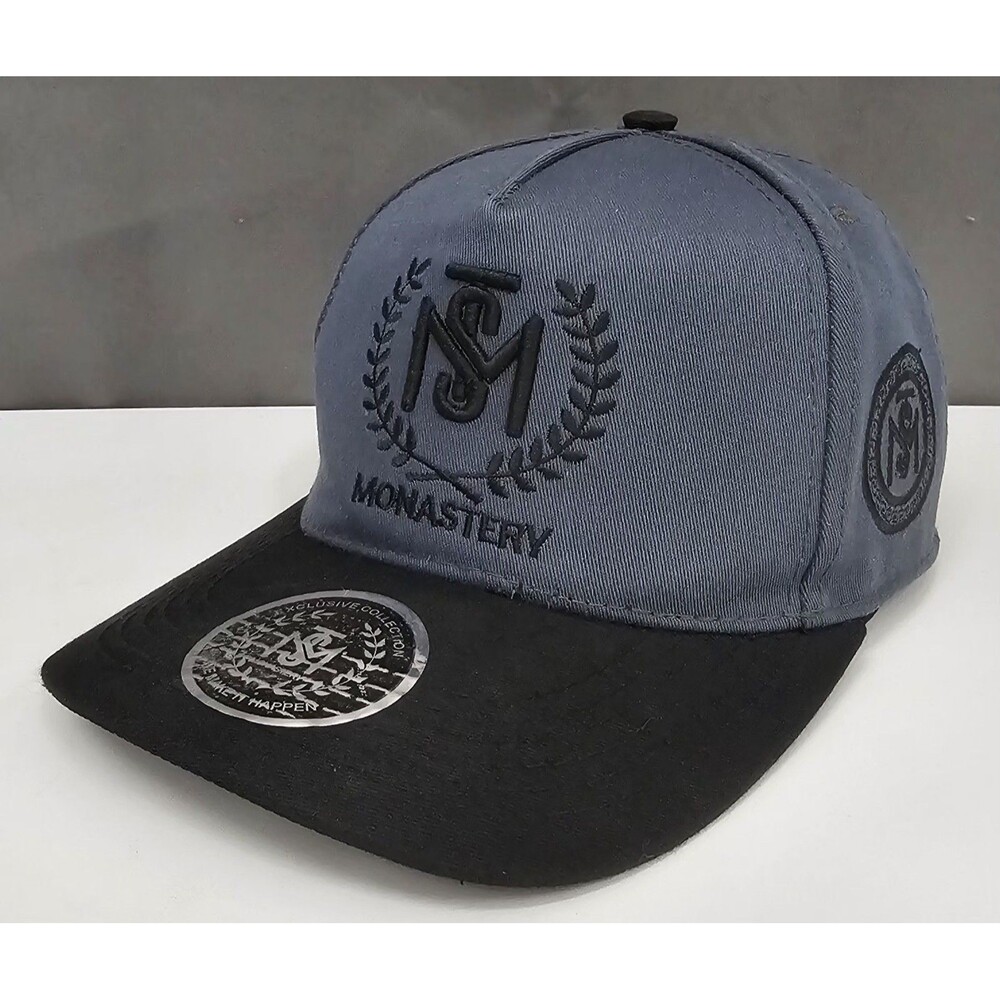 Monastery Couture Snapback Hat Slate Grey Black Visor Embroidered Logo Tag